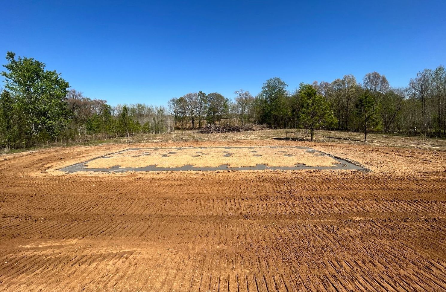 A dirt field with trees in the background and a blue sky in the background.