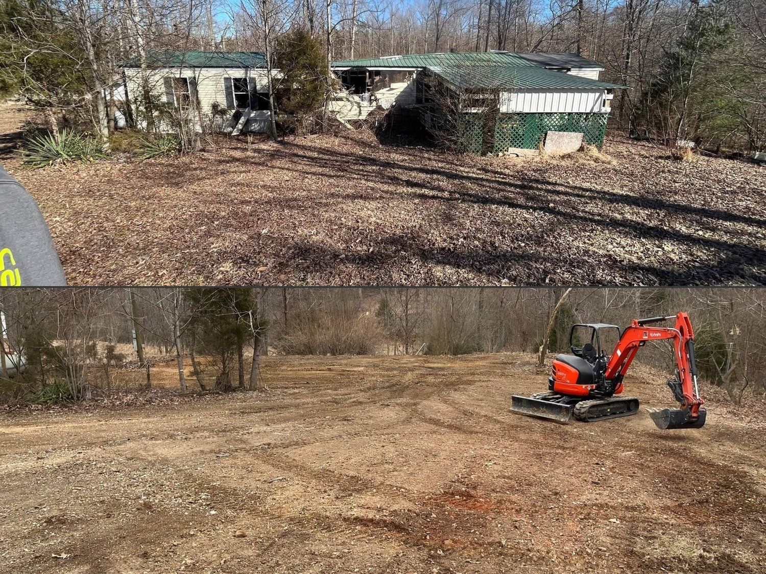 A picture of a house and a picture of an excavator in a field.