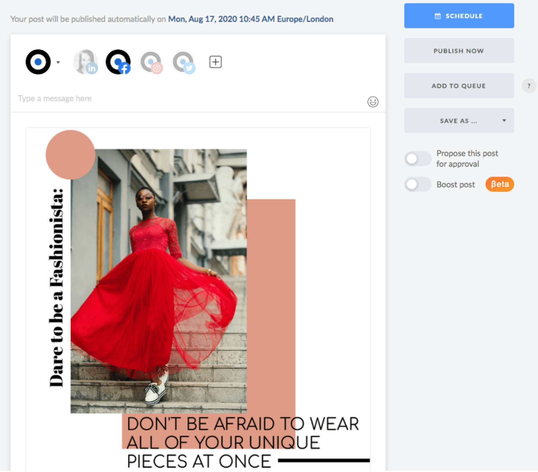 A woman in a red dress is on a website that says dare to be a fashionista