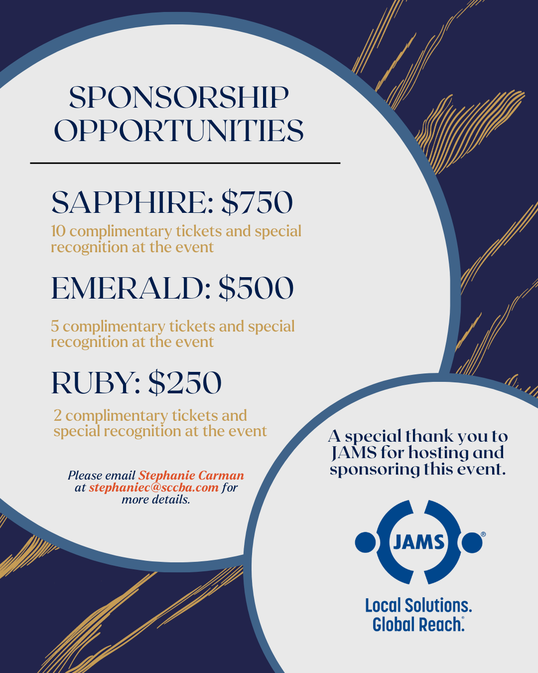 Sponsorship opportunities flyer: Sapphire ($750), Emerald ($500), Ruby ($250). JAMS logo and thank you.