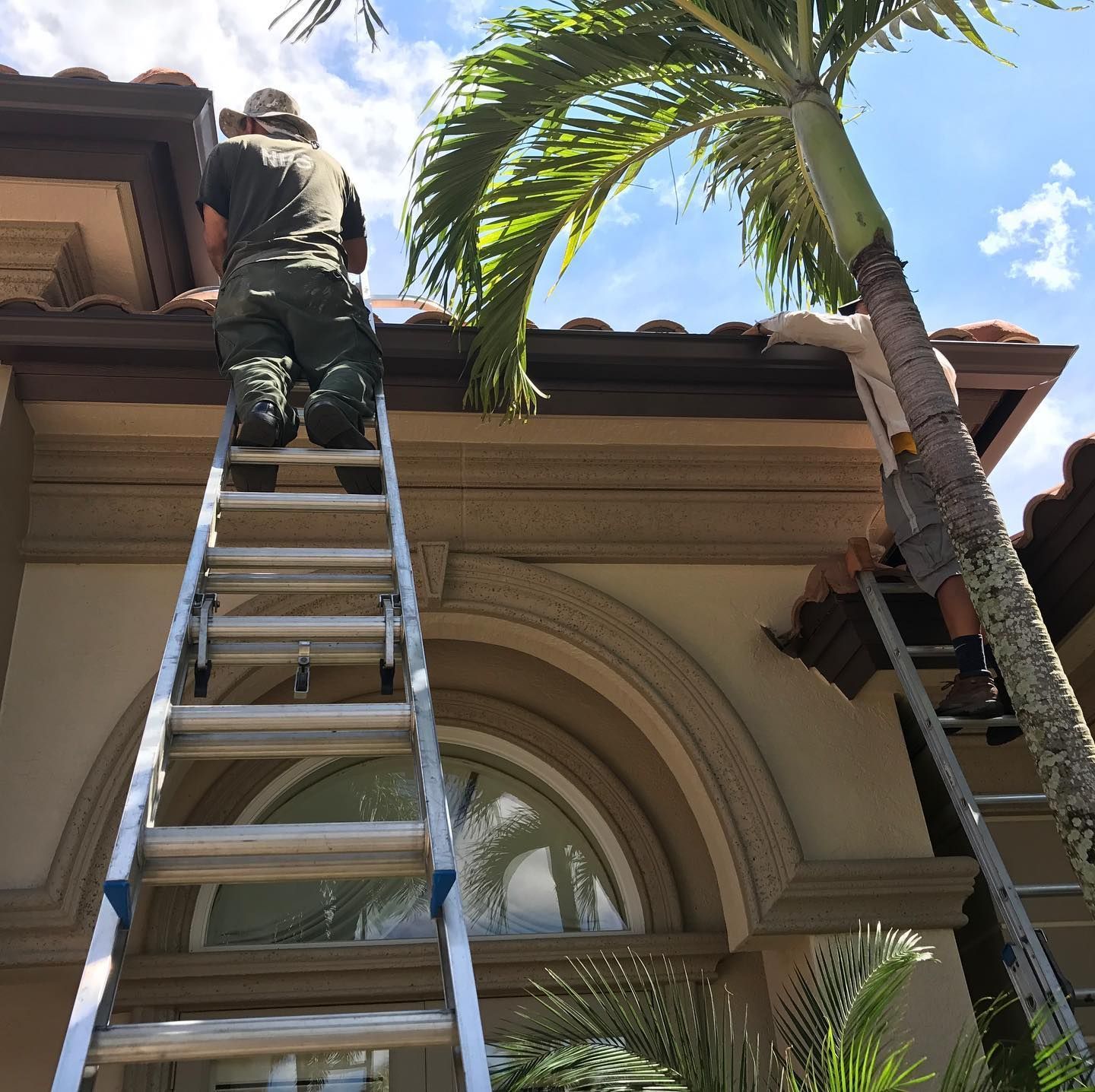 Two people on ladders cleaning gutters of a house with red tile roof, near a palm tree.
