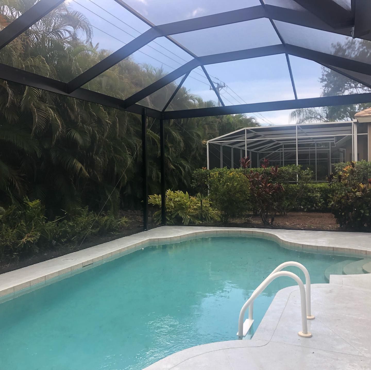 Swimming pool enclosed by a screened-in patio, surrounded by lush greenery and a sunny sky.