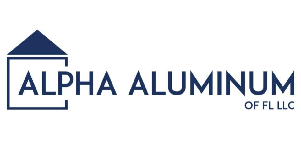 Logo for Alpha Aluminum of FL LLC with a blue house icon and text in dark blue.