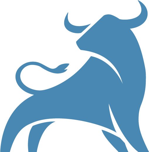 A blue bull with horns and a long tail on a white background.