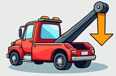 A cartoon illustration of a tow truck with an arrow pointing down.