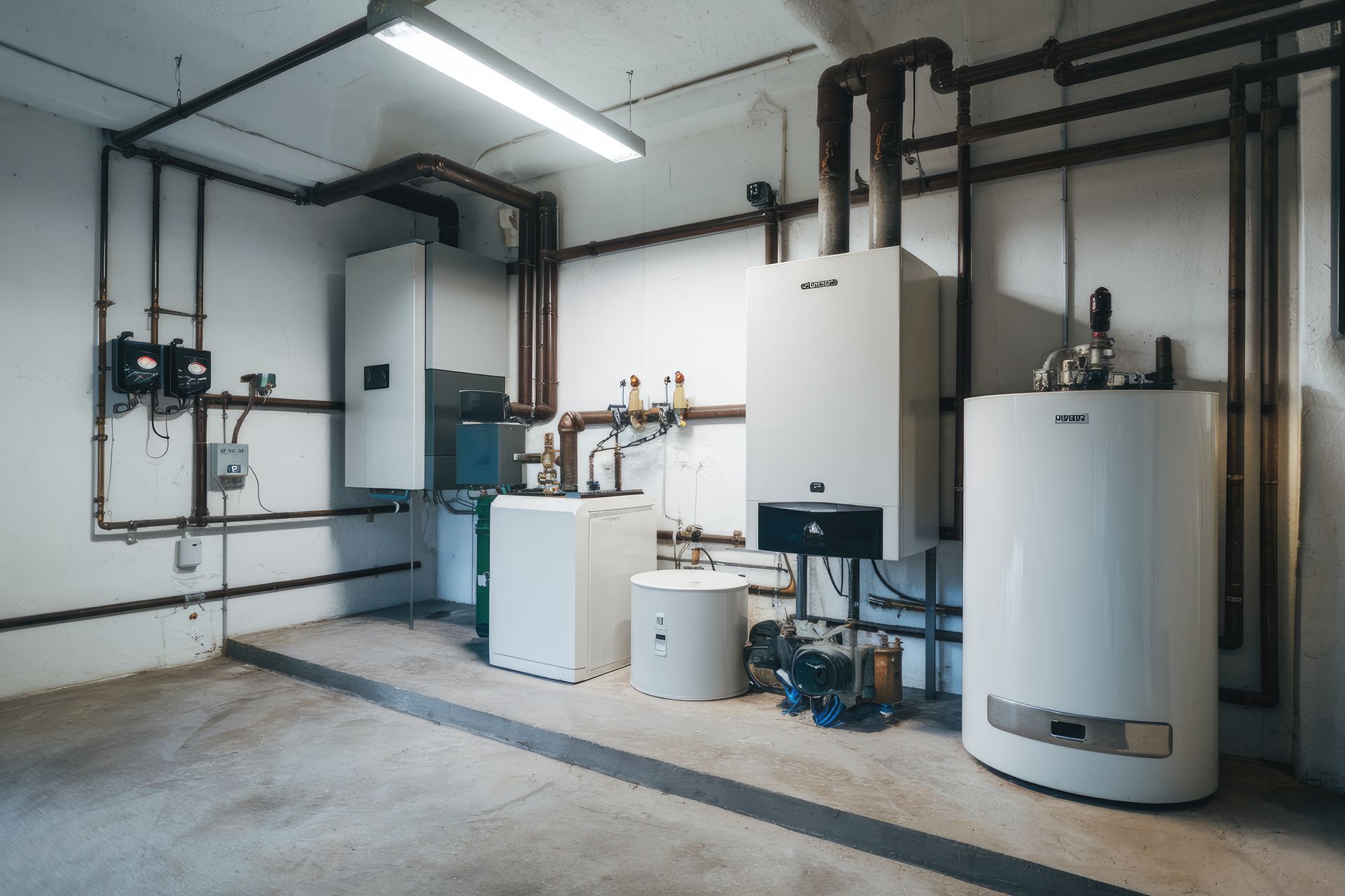Heating and water system equipment in a utility room. White tanks, pipes against white walls.