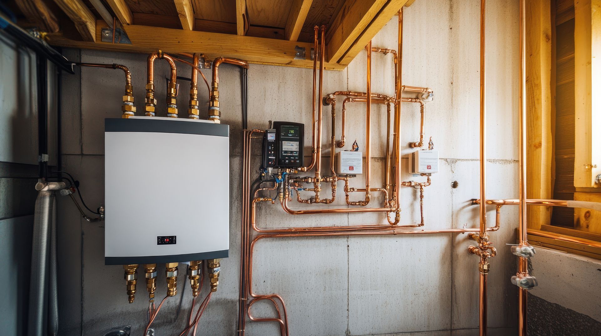 Copper pipes and a heating unit installed in a basement, with wood framing and a control panel.