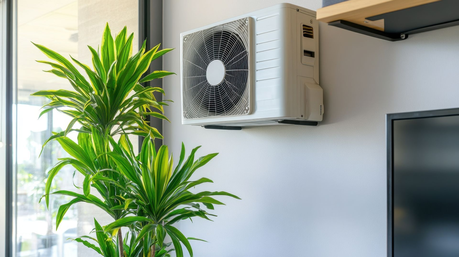 Outdoor air conditioning unit mounted on a white wall, with a large green plant in front.