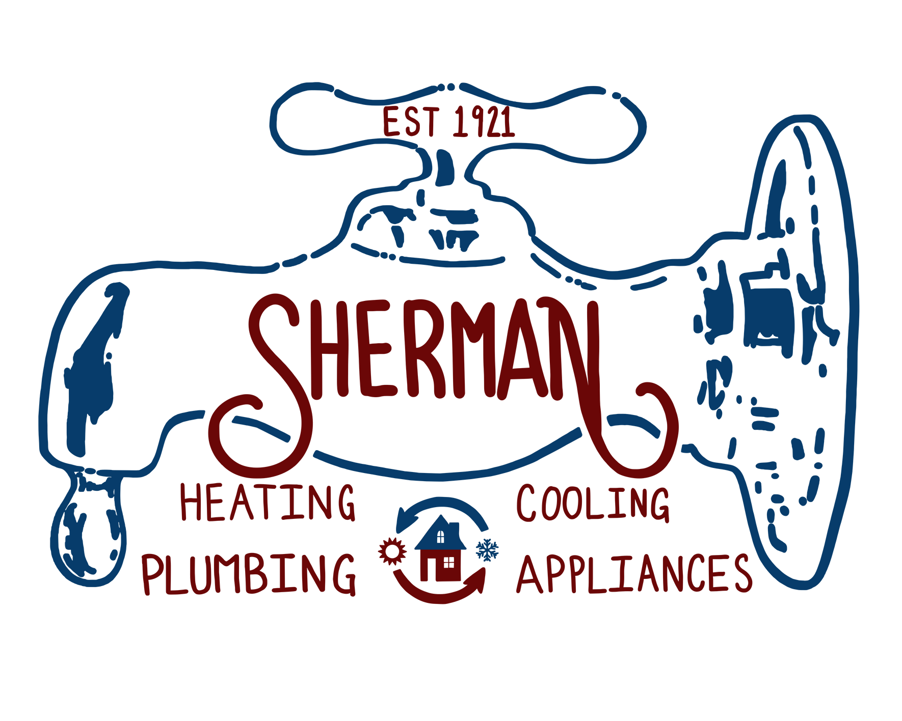 Logo for Sherman Heating, Air Conditioning, Plumbing, and Appliances since 1921. Red and blue with a house, sun, snowflake, and faucet.