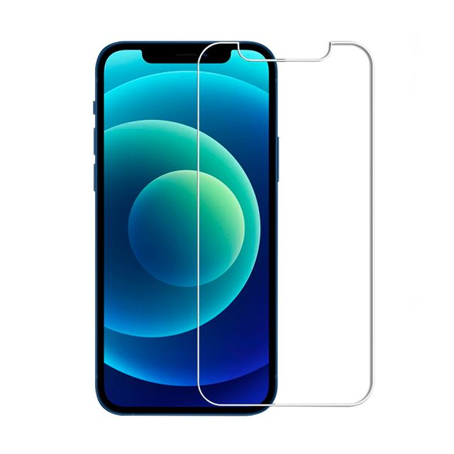 IPhone 12 con protector de pantalla transparente. La pantalla muestra degradados en azul y verde.