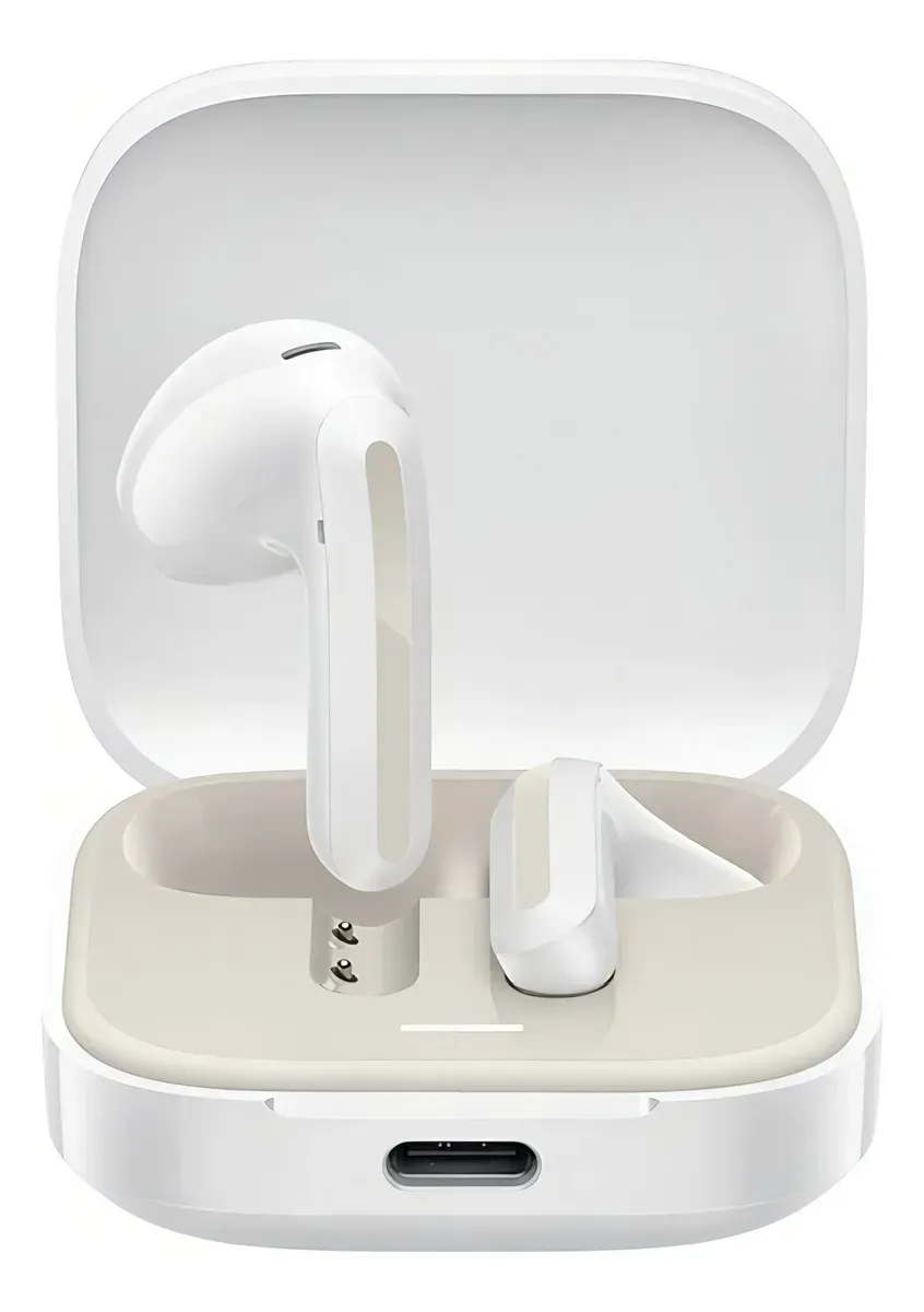 Auriculares inalámbricos blancos en un estuche de carga abierto.