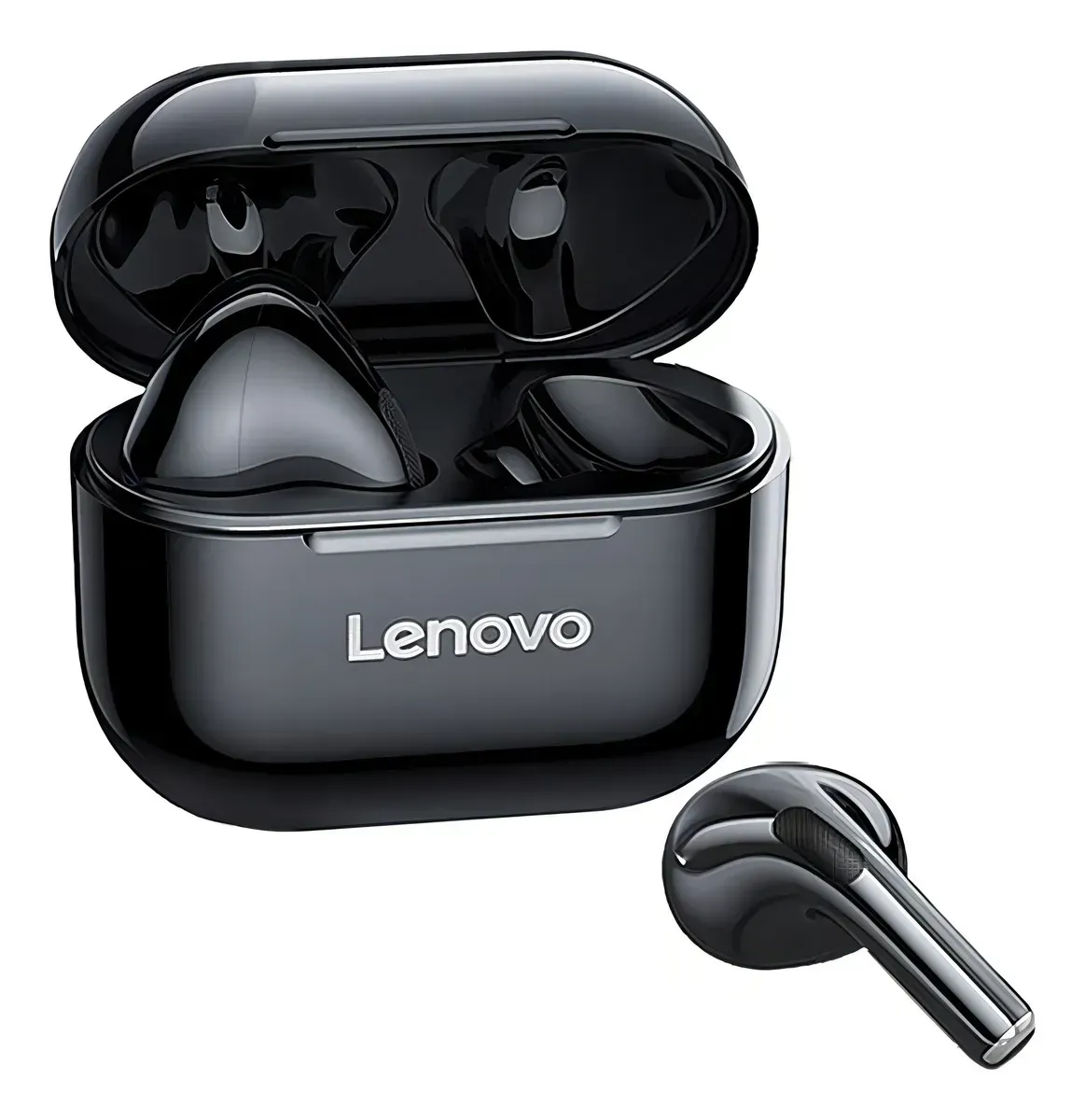 Auriculares inalámbricos Lenovo negros y estuche de carga, un auricular retirado.