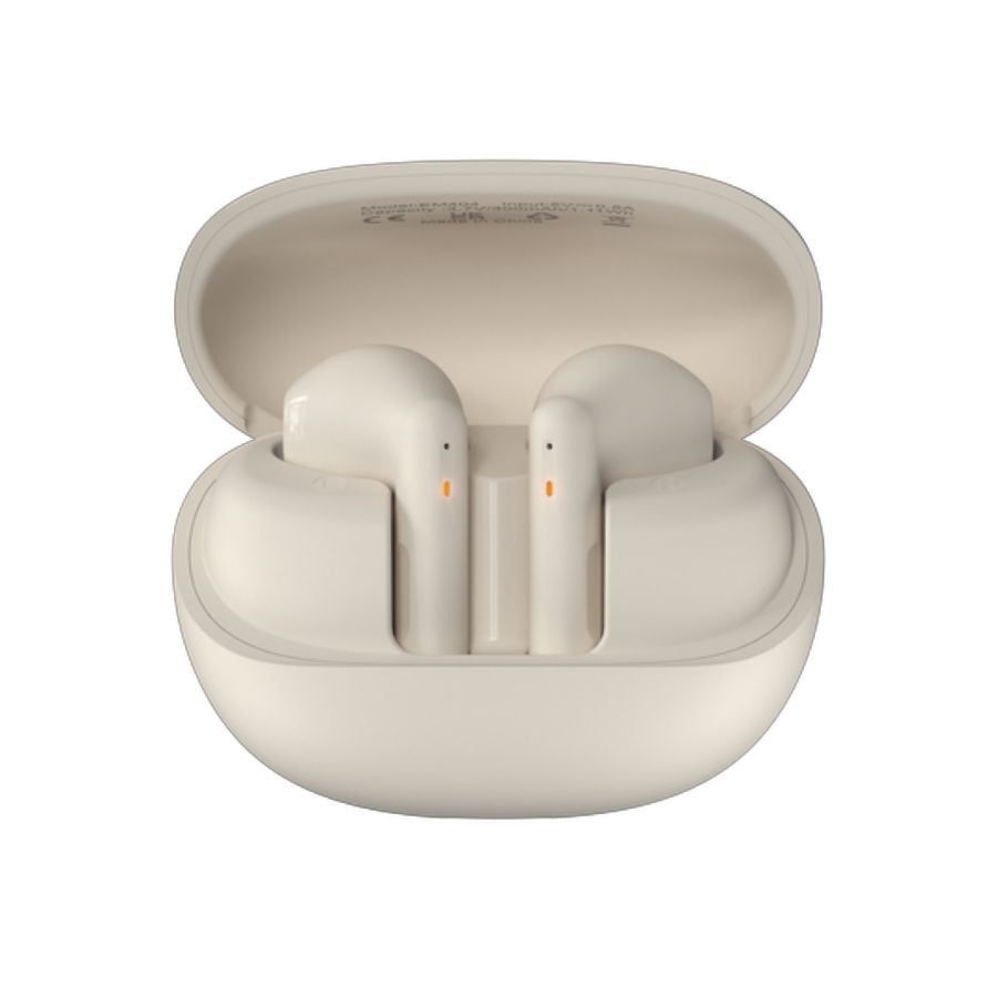 Auriculares inalámbricos beige en un estuche de carga abierto.