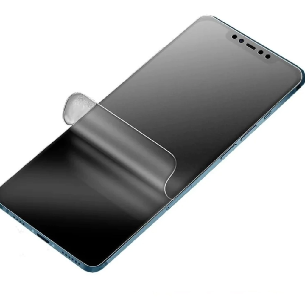 Un teléfono inteligente con un protector de pantalla desprendido; negro, azul.