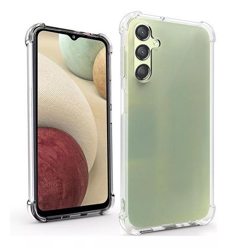 Funda transparente para teléfono Samsung; vista frontal que muestra la pantalla, vista trasera que muestra la cámara.