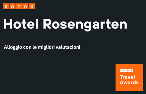 Pubblicità dell'Hotel Rosengarten. Sfondo scuro con testo bianco. 