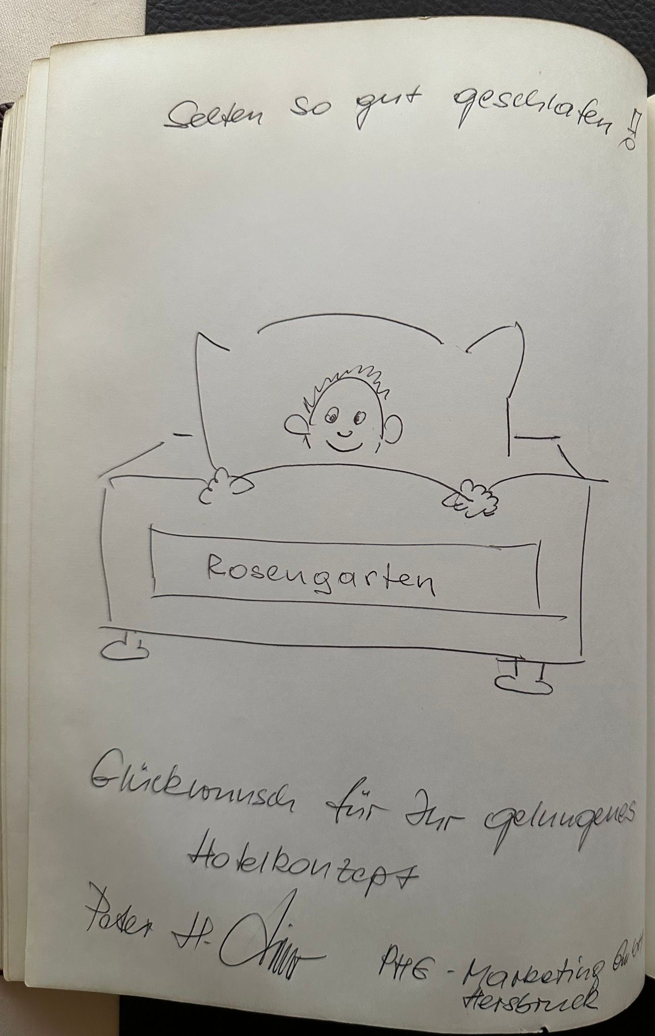 Zeichnung mit positiven Gästerückmeldungen im Gästebuch des Hotel Rosengarten Hamburg