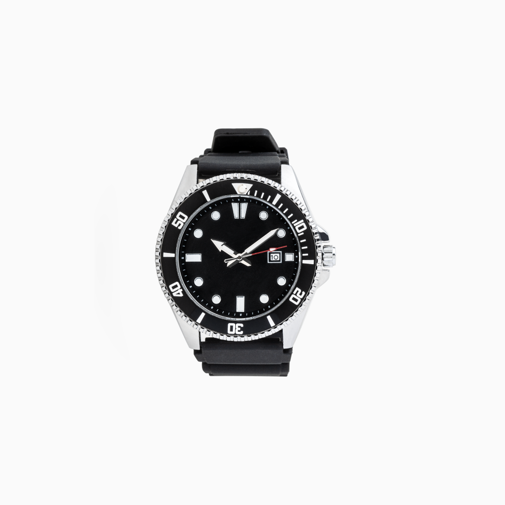 Silver and black dive watch with black leather band, white dial markers, and date window.