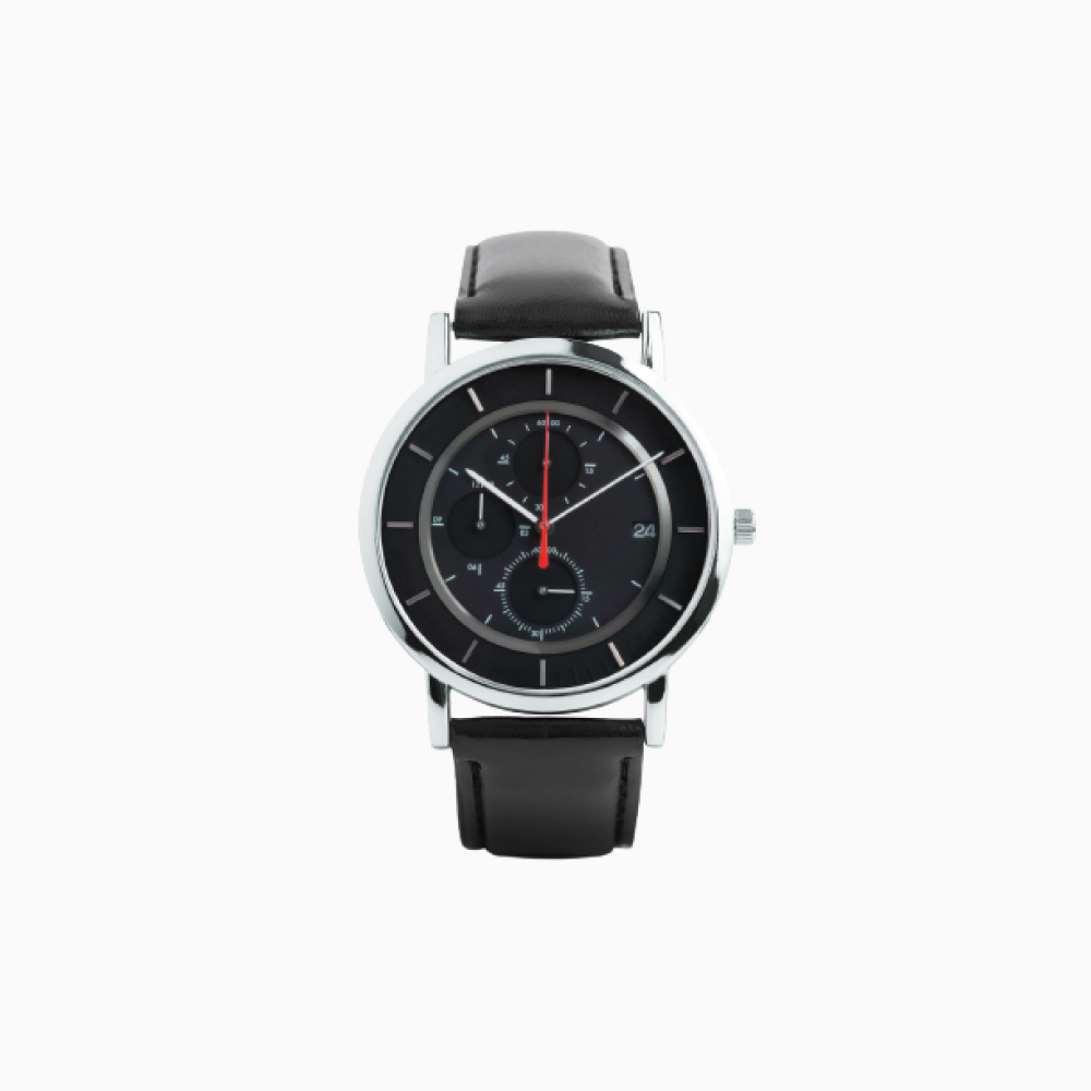 Black watch with silver case and black leather strap.