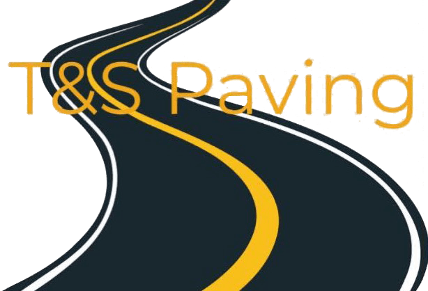 Logo for T&S Paving. A curving road in dark gray and yellow. The text "T&S Paving" is in yellow.
