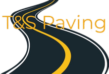 Logo for T&S Paving. A curving road in dark gray and yellow. The text "T&S Paving" is in yellow.