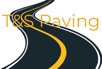 Logo for T&S Paving. A curving road in dark gray and yellow. The text "T&S Paving" is in yellow.