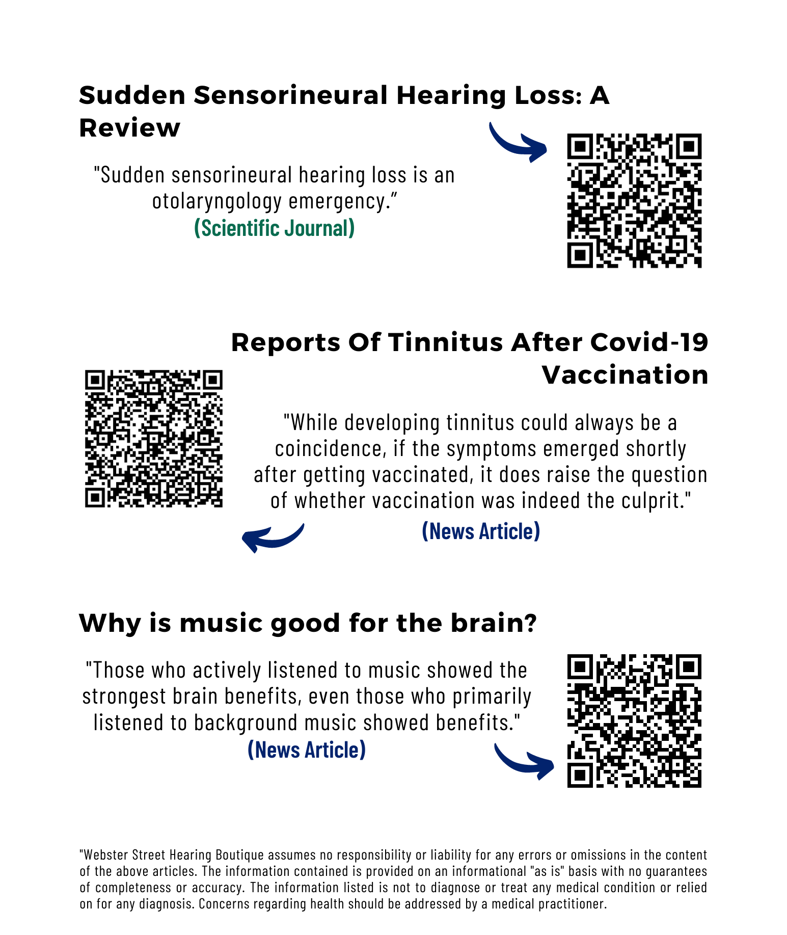 A poster showing testimonials and research, and QR codes.