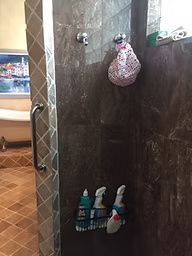 Shower interior with brown tile walls, soap bottles on a rack, and a loofah.