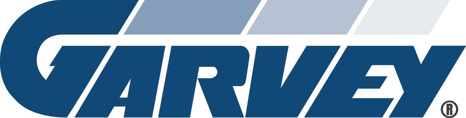 Logo Garvey en bleu foncé avec des rayures horizontales bleu clair et grises au-dessus.