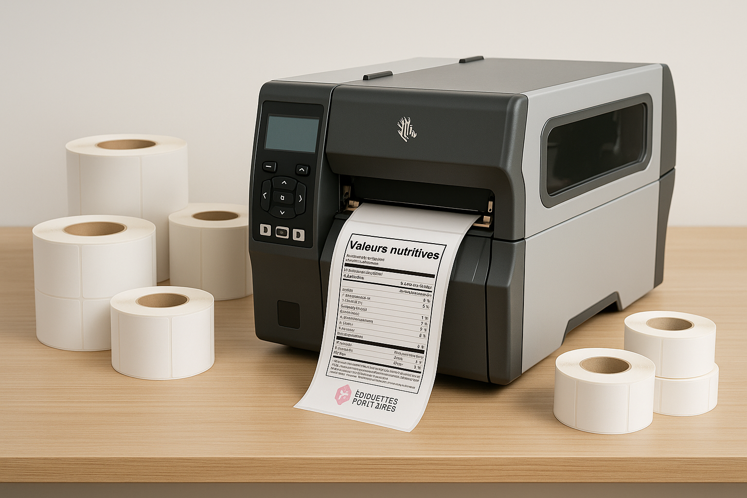 Une imprimante d'étiquettes industrielles Zebra grise posée sur une table en bois, entourée de plusieurs rouleaux d'étiquettes adhésives blanches.