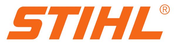 the stihl logo is orange and white on a white background