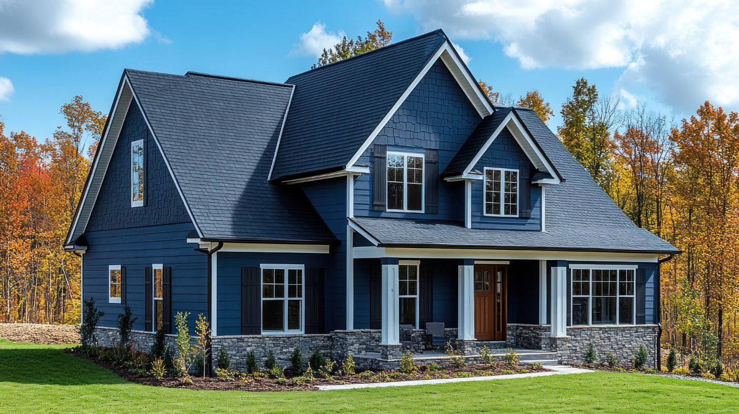 Blue house with gray stone base, white trim, and a brown front door, surrounded by green grass and fall foliage.