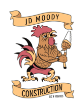 A logo for jd moody construction with a rooster holding a saw