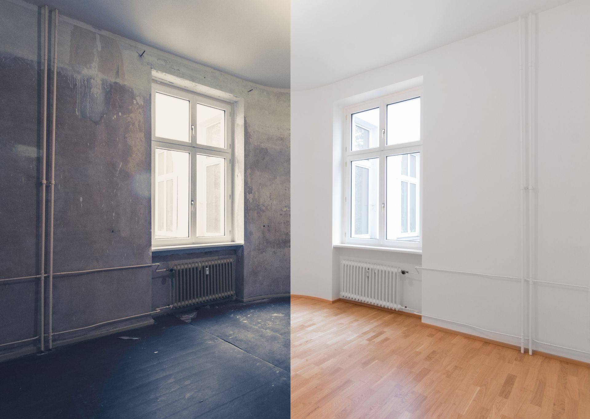 A before and after photo of an empty room with wooden floors.