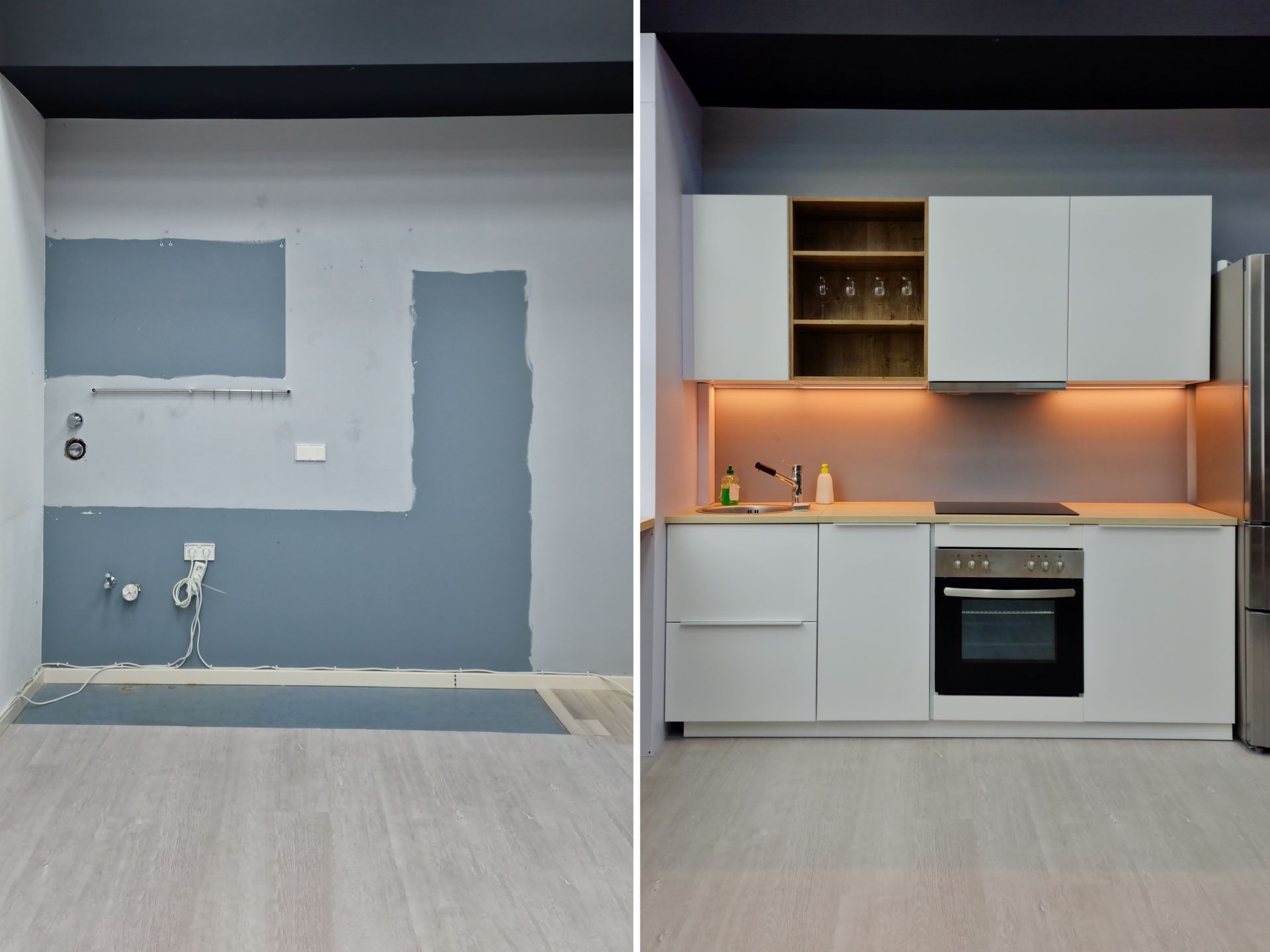 A kitchen with wooden cabinets and a wooden floor.