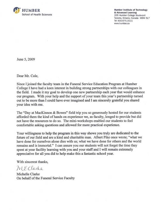 travel support letter humber college