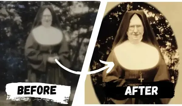 A picture of a nun before and after being restored