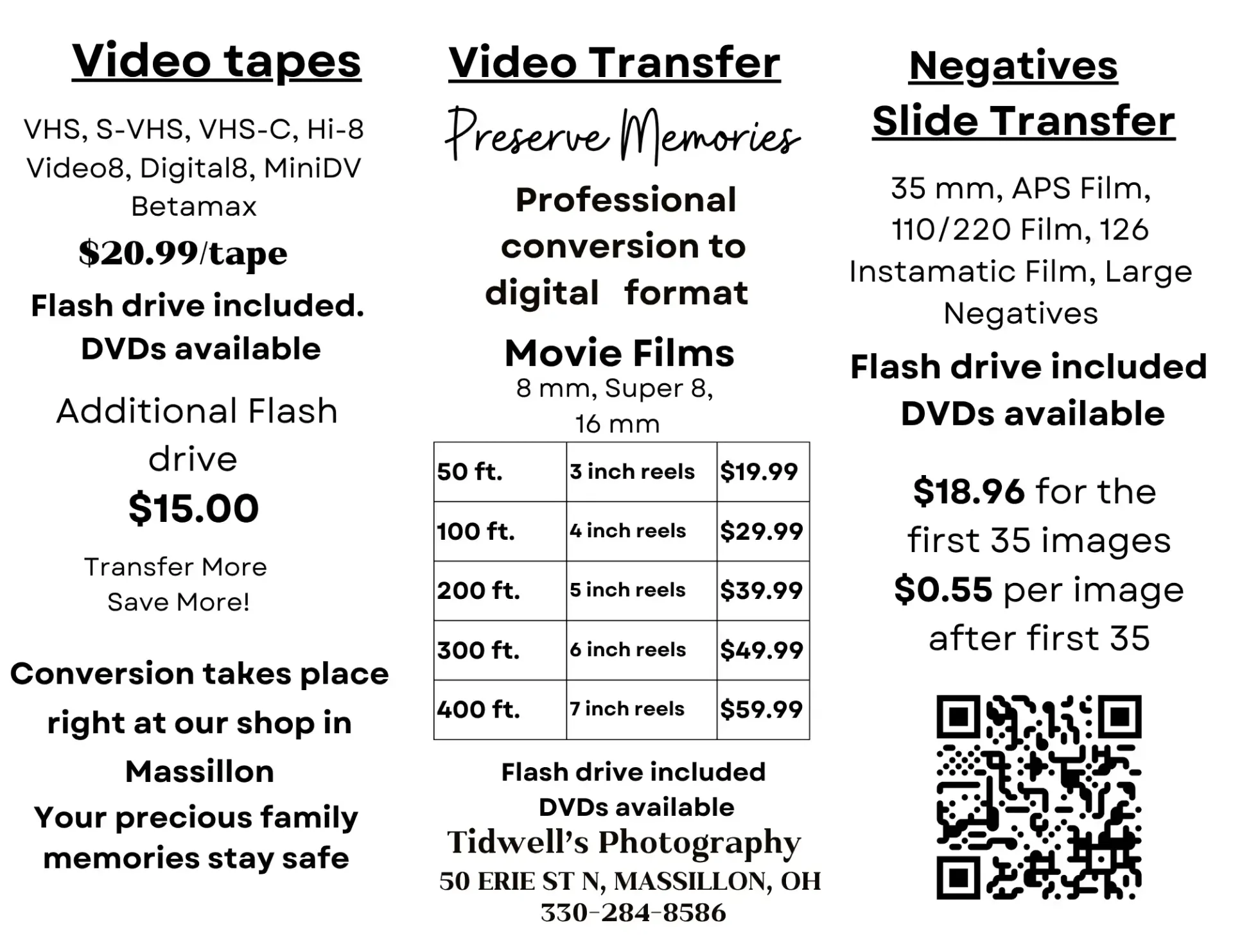 Pricing sheet for digital video transfer services.