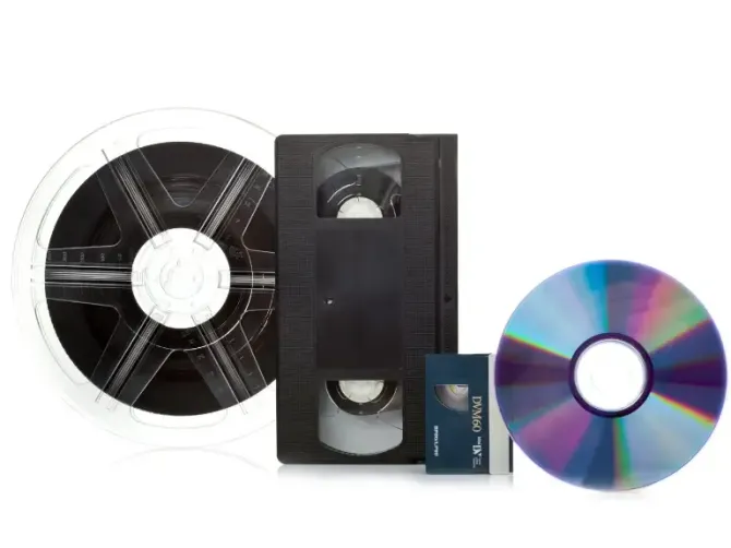A vhs tape a cd and a reel of film