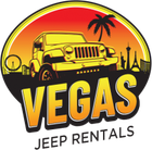A logo for vegas jeep rentals with a jeep and palm trees