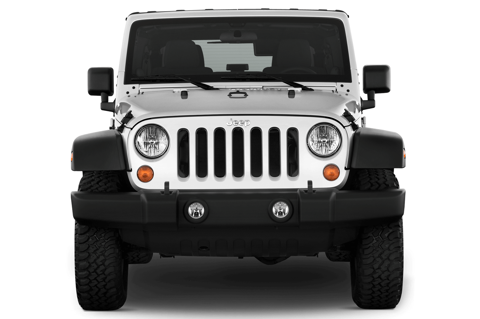The front of a white jeep wrangler is shown on a white background.