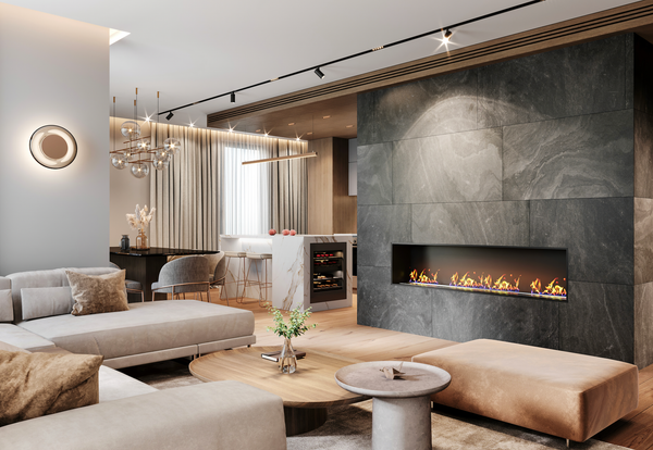 Modern living room with a fireplace, sofa, and open kitchen. Neutral tones with wood accents.