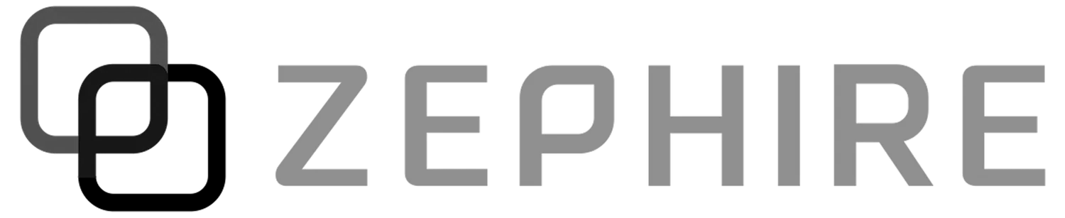 Logo of Zephire, with two overlapping squares and text in gray.