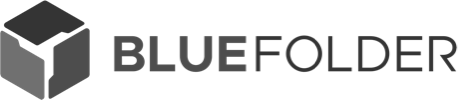 Logo for Bluefolder: a cube with three colored sides, accompanied by text 