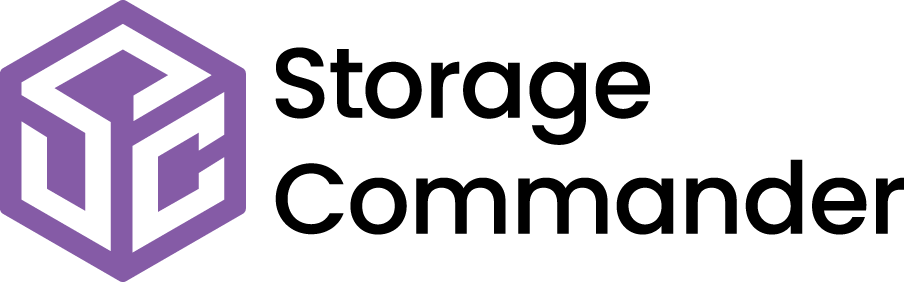 Logo of Storage Commander: Purple cube icon with text 