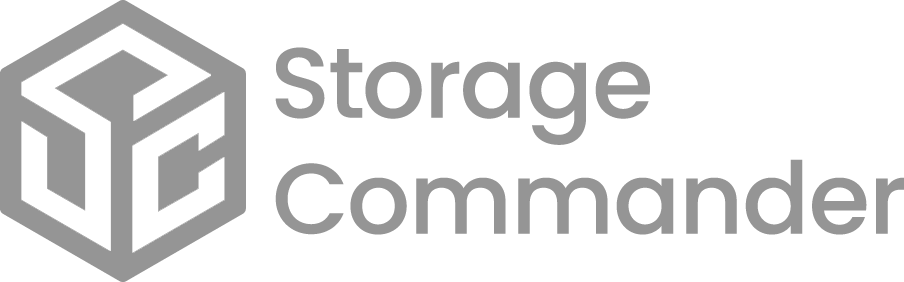 Logo for Storage Commander, with a gray cube icon and text.