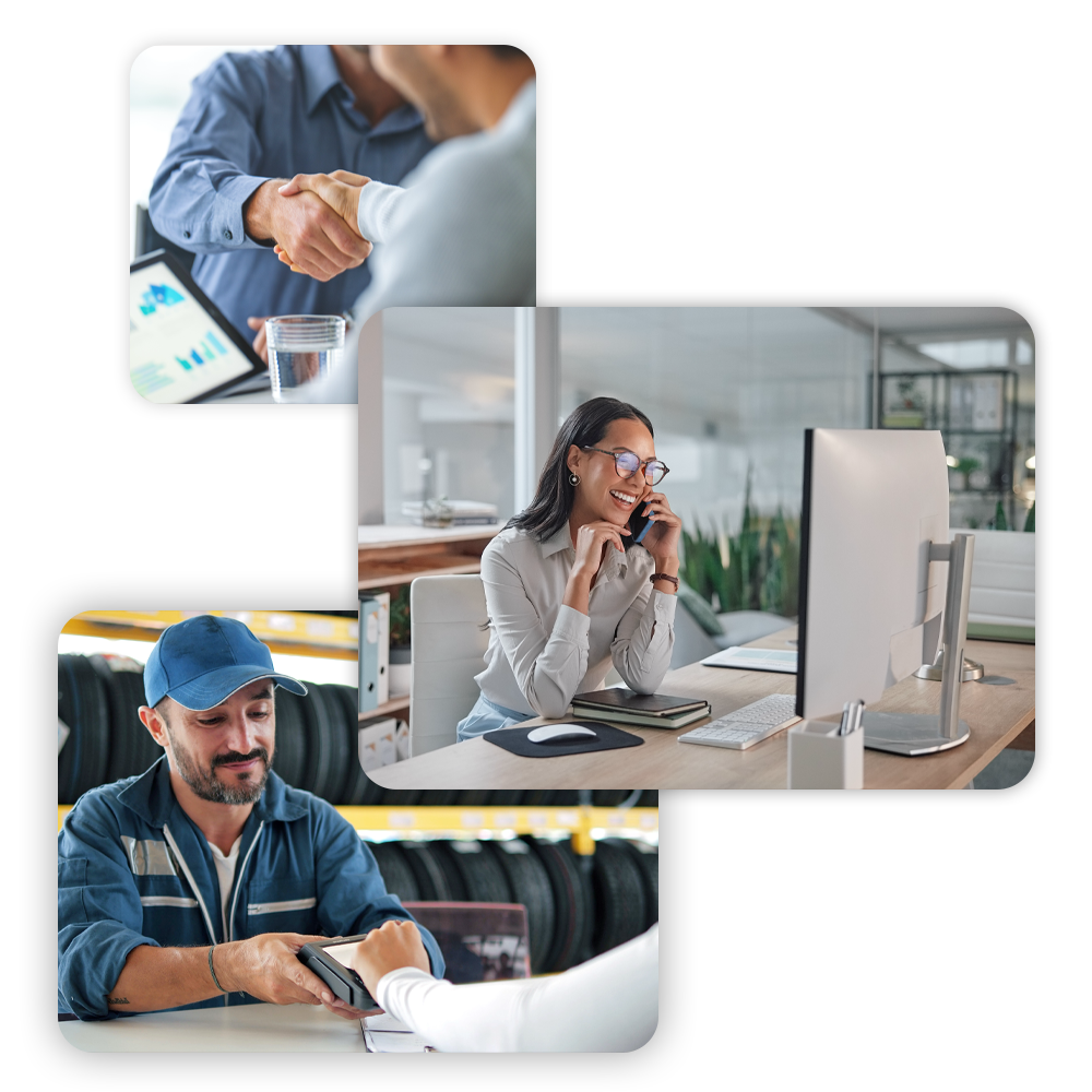 People working in different roles: handshaking, on phone, and taking payment.
