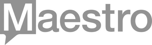 Maestro logo in gray, a speech bubble containing the letter 