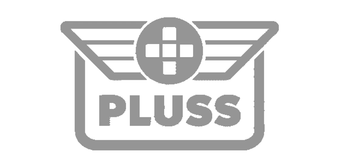 Logo for Pluss: a grey stylized medical symbol, text 