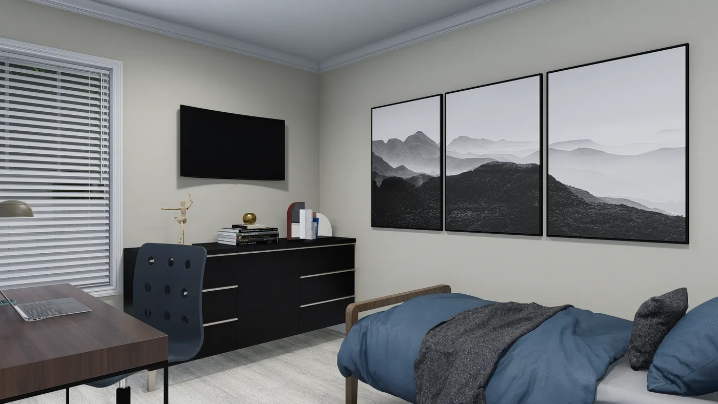 Bedroom with a dark dresser, bed, desk, and framed mountain art.